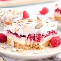 raspberry lasagna on a plate featured image