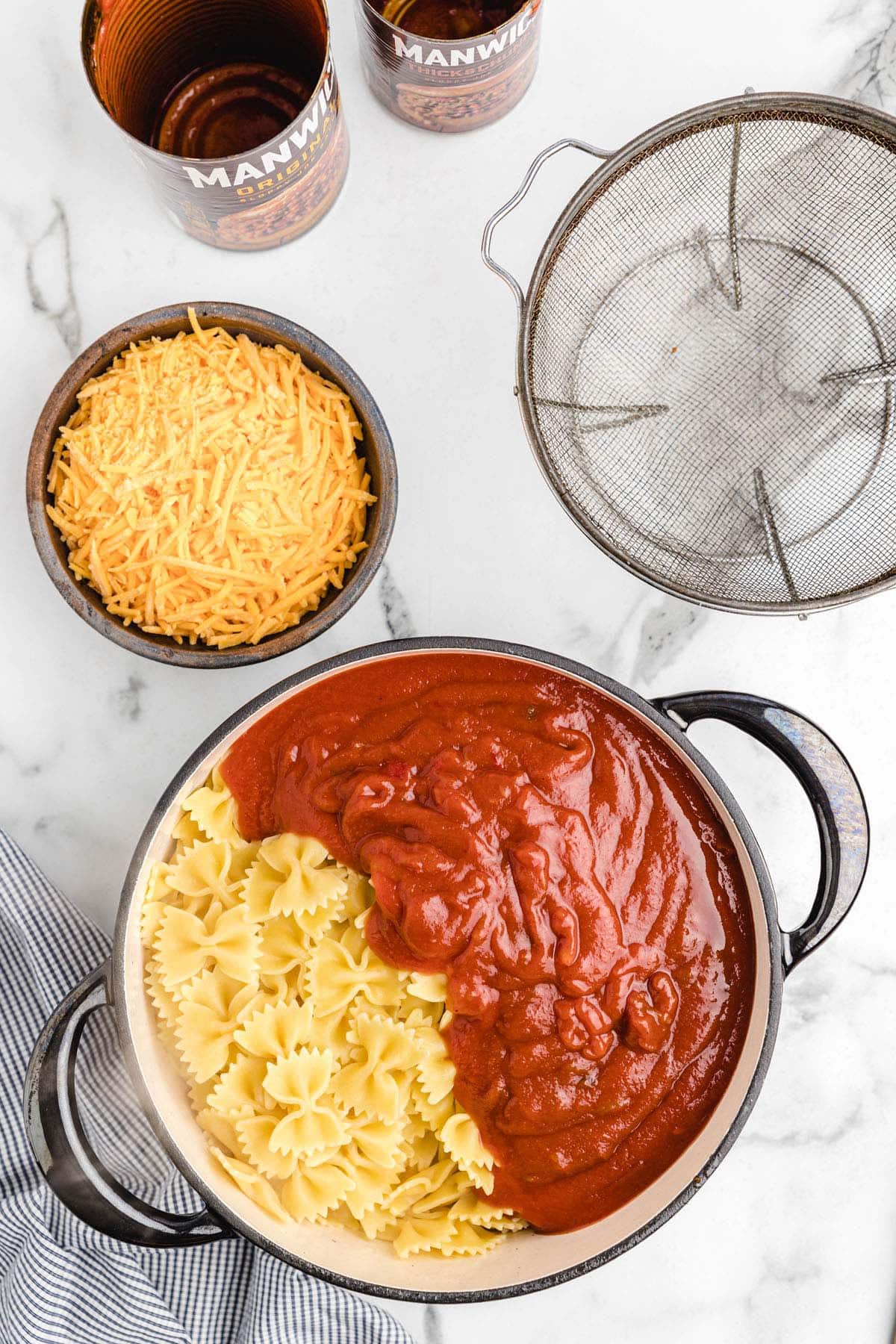 pasta and sauce in a pot