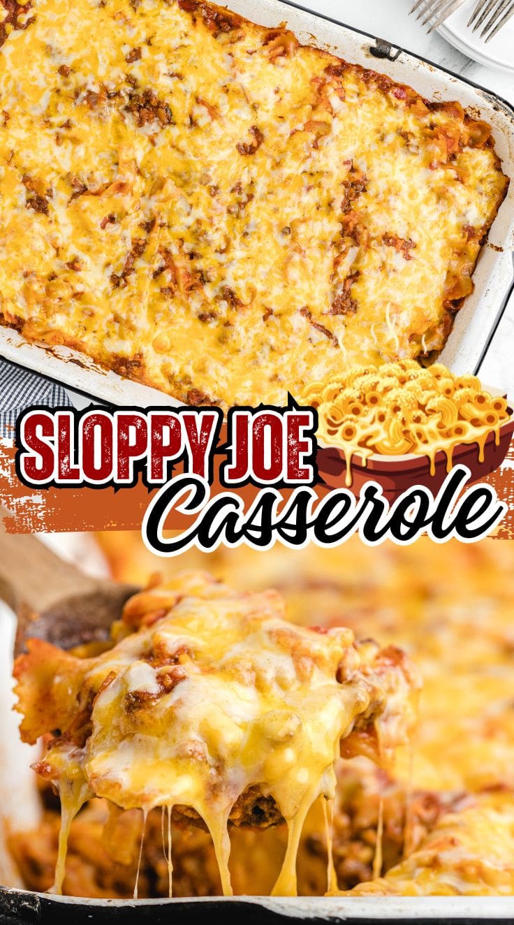 Cheesy sloppy joe casserole with ground beef baked in a casserole dish, served as a hearty family dinner.