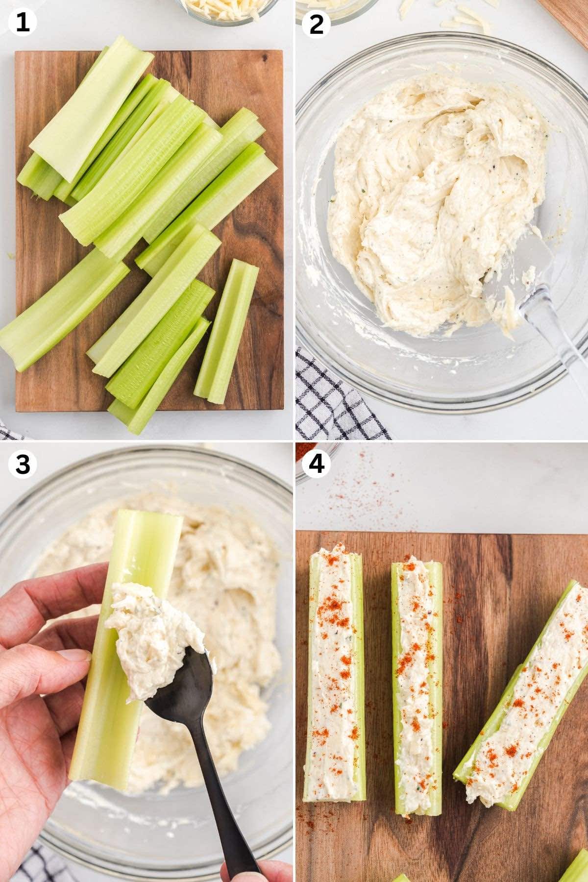 Celery stalks cut on a wooden board, cream cheese mixture in a bowl, spooning the filling into each stalk, and finished stuffed celery sprinkled with smoked paprika.