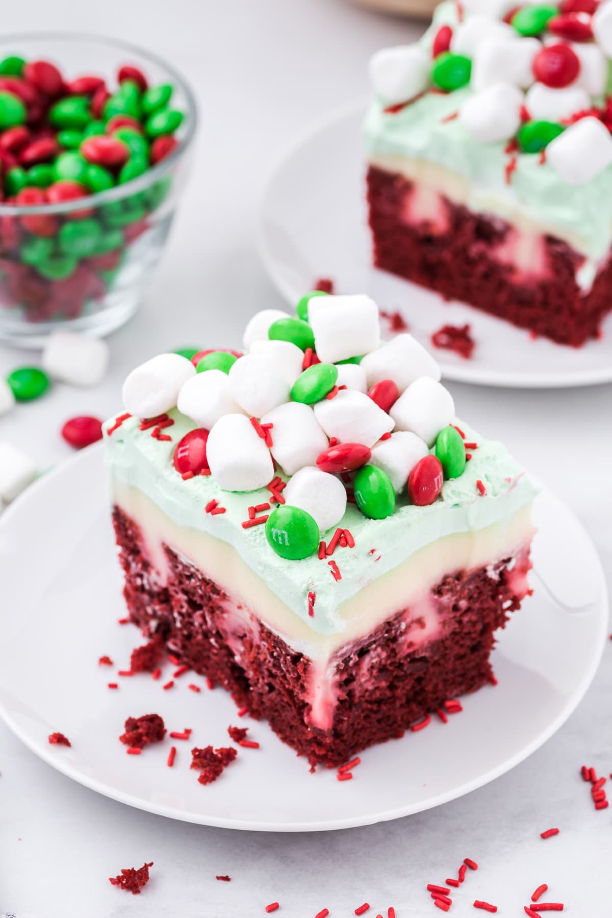 Christmas Red Velvet Poke Cake on a plate