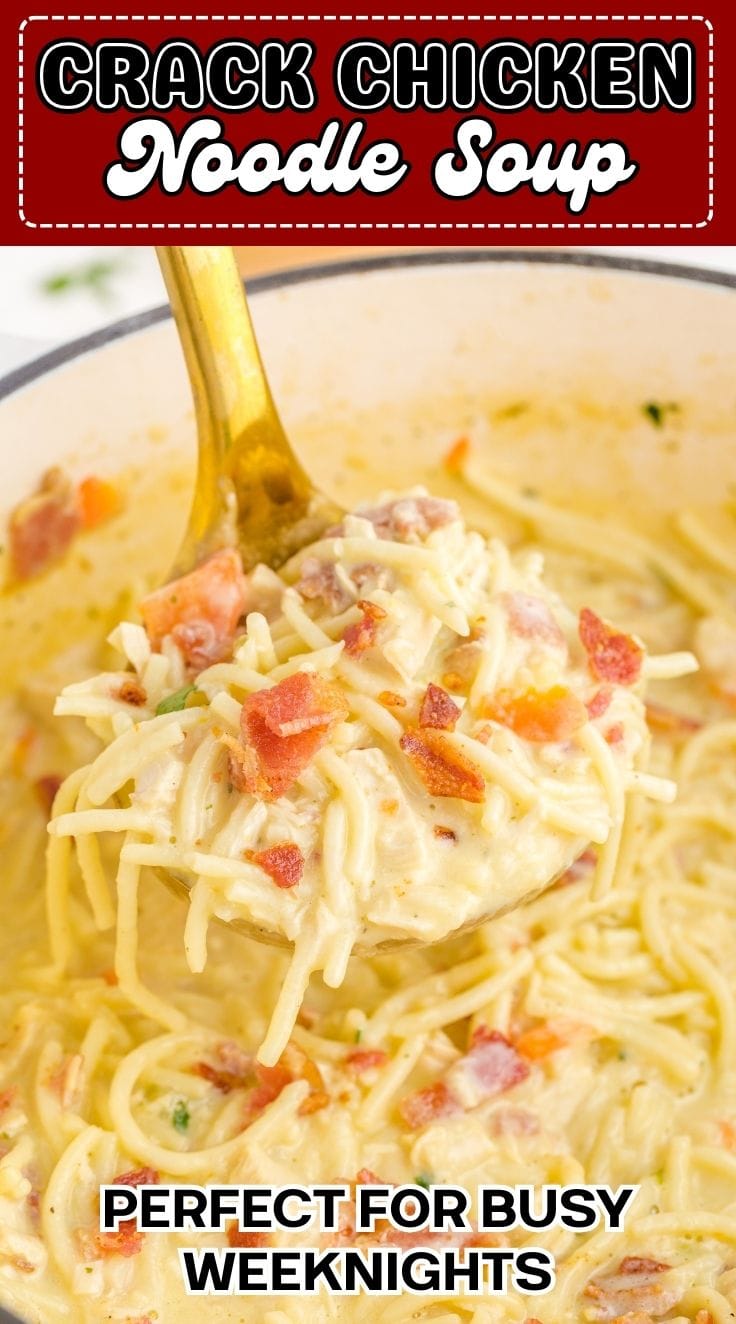 Creamy crack chicken noodle soup served in a bowl with noodles and chicken.