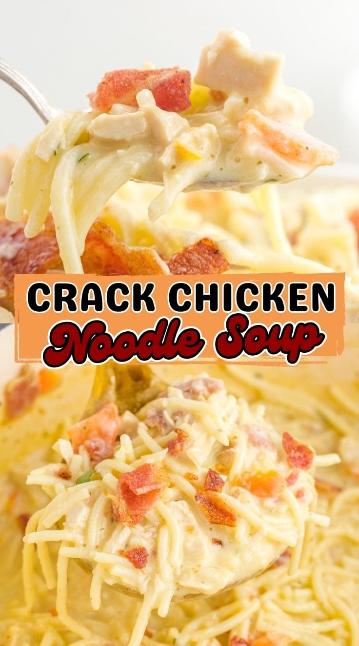 A soup ladle digging into creamy crack chicken noodle soup with noodles and chicken.