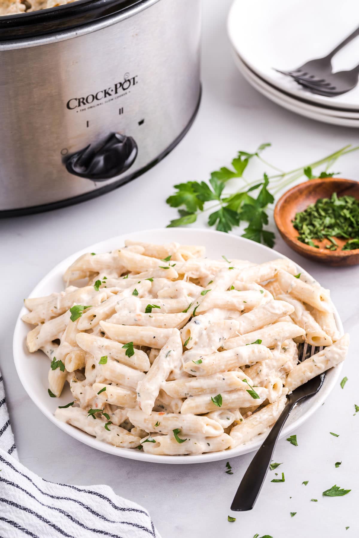 Slow Cooker Olive Garden Chicken Pasta on a plate