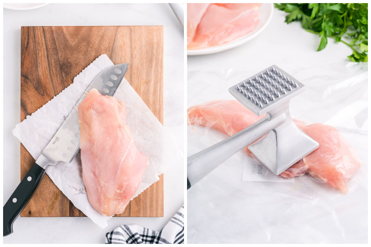 Slice the chicken breast in ½ length wise. Gently pound the breasts until they are uniform in size.