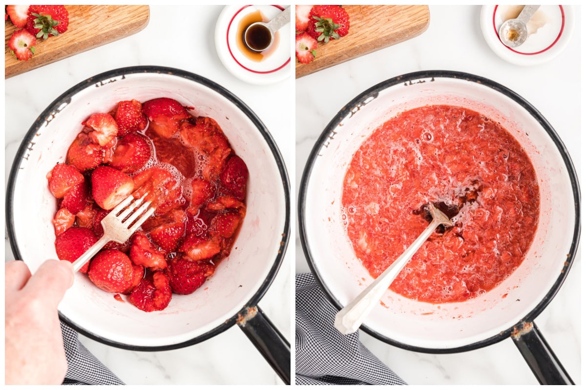 Add sugar and strawberries to a saucepan 