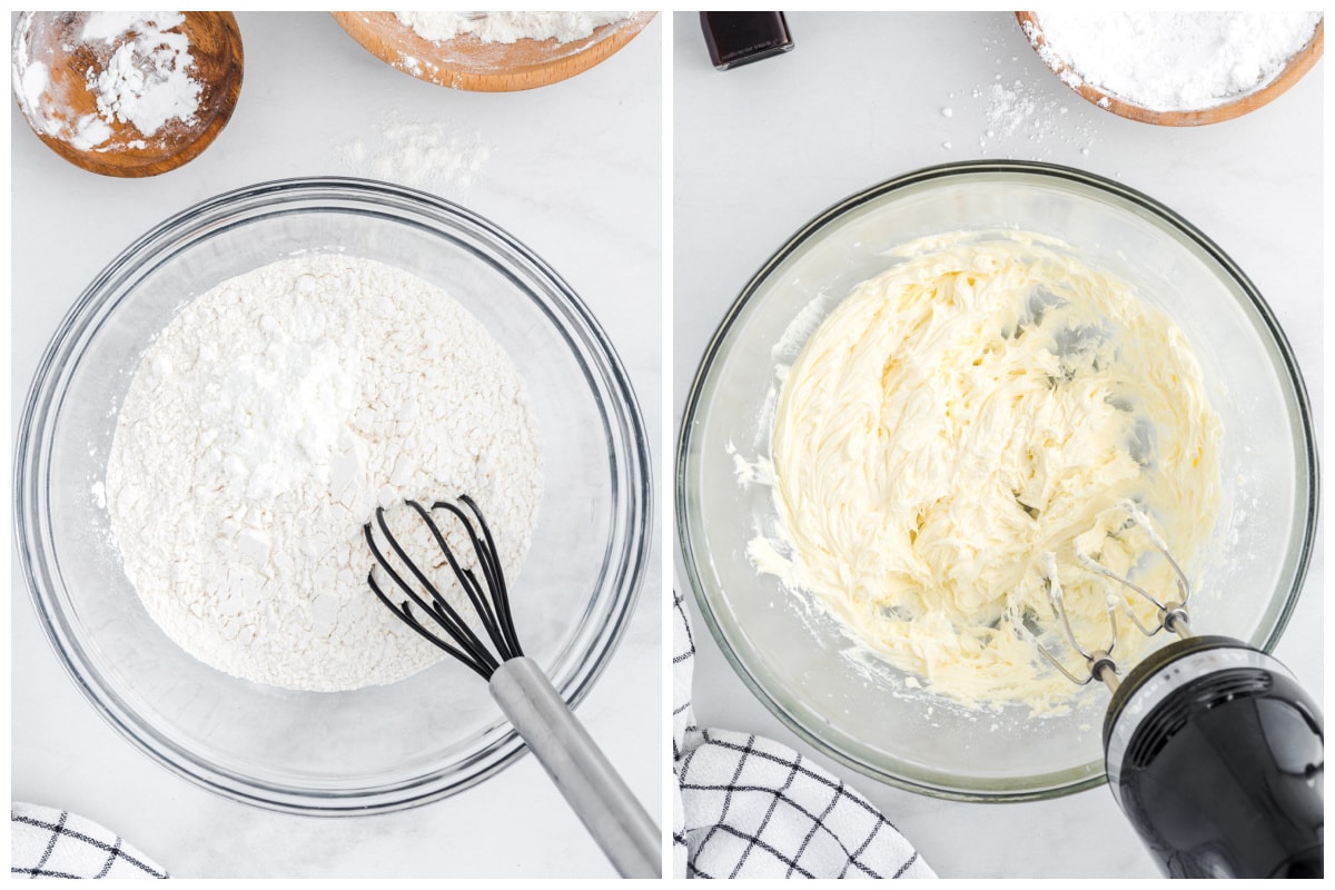 flour and cornstarch in a bowl and butter mixed with sugar in another bowl