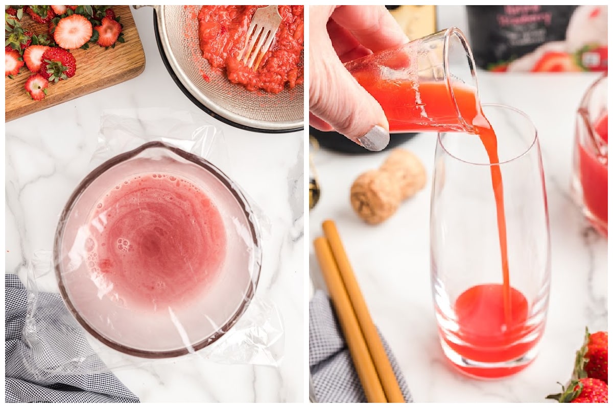 Cover the bowl of strawberry puree and chill in the fridge. pour into glass