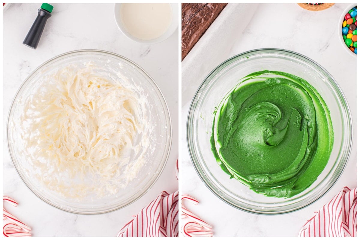 Beat together the powdered sugar, butter, and heavy cream with a mixer until smooth. Stir in green food coloring.