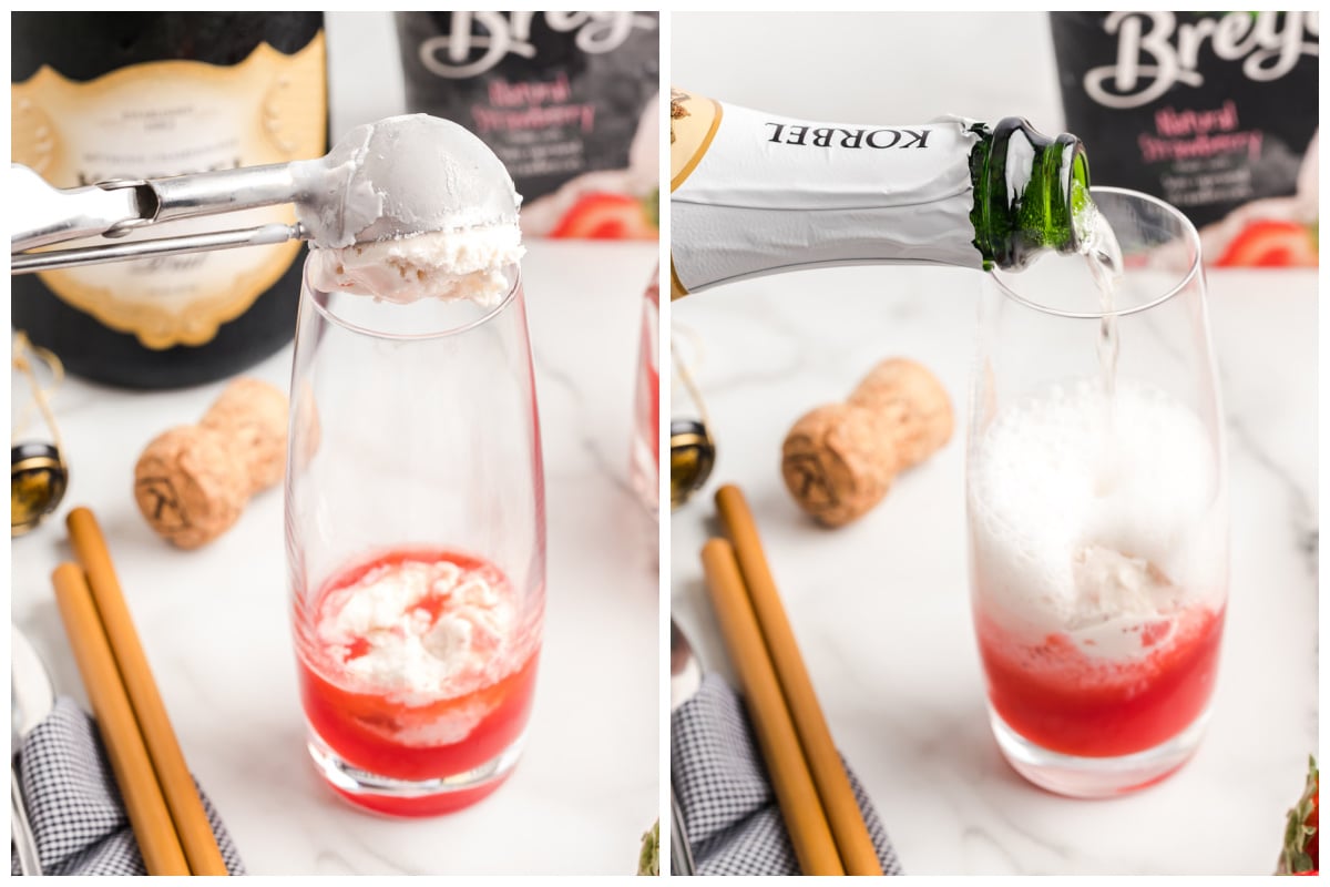 scoop ice cream into the glass. pour the champagne into the glass