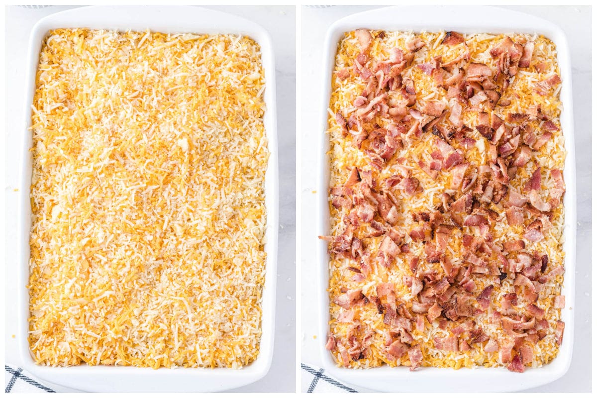 Spread remaining cheese mixture over the pasta and then cover the cheese with bacon.