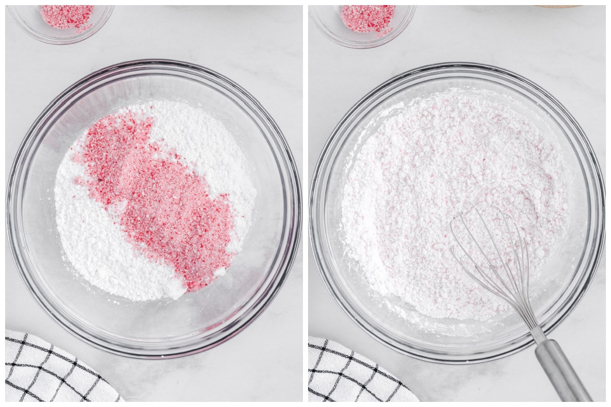 Add powdered sugar and crushed peppermint candies to a mixing bowl
