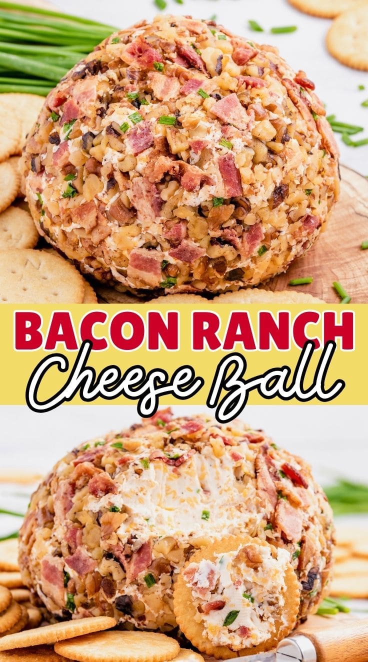 A Bacon Ranch Cheese Ball with pieces of crackers around it