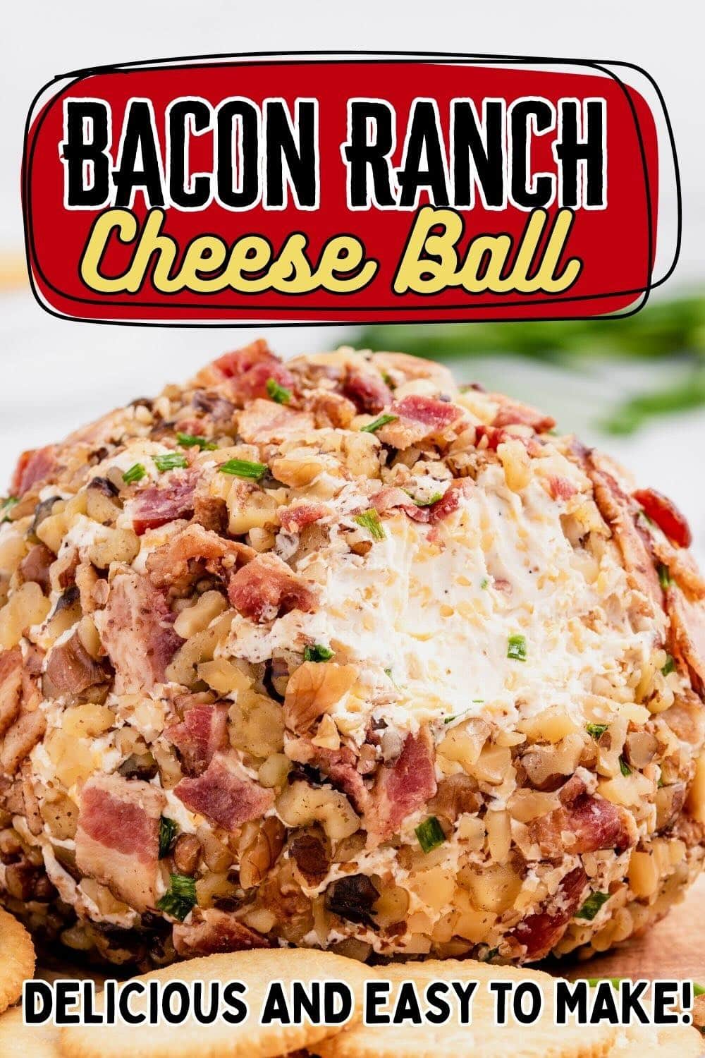 Close up of Bacon Ranch Cheese Ball coated with bacon and chopped nuts