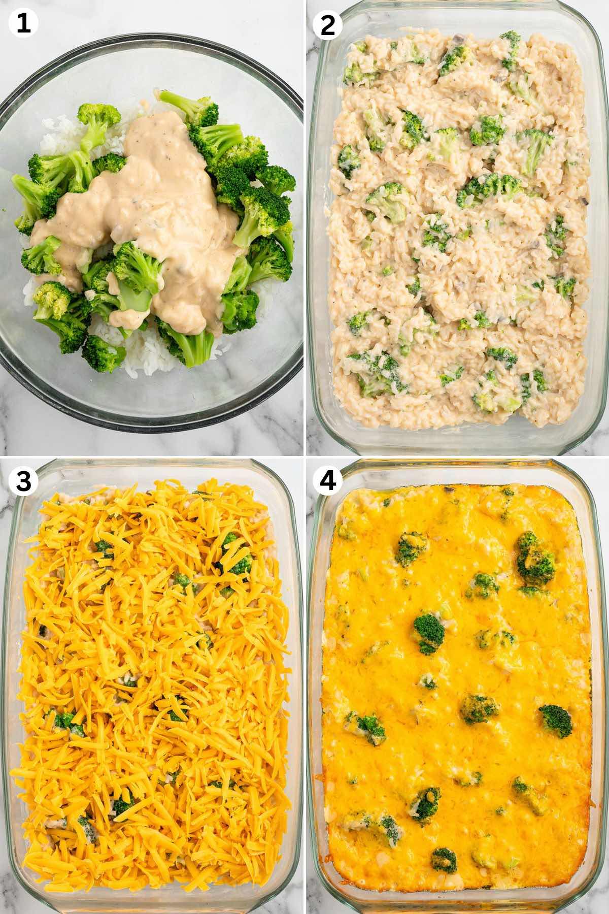 Combine the cooked rice and broccoli in a mixing bowl. Spread the broccoli rice casserole mixture into the buttered baking dish. Top with the shredded cheese. Bake until the cheese is melted.