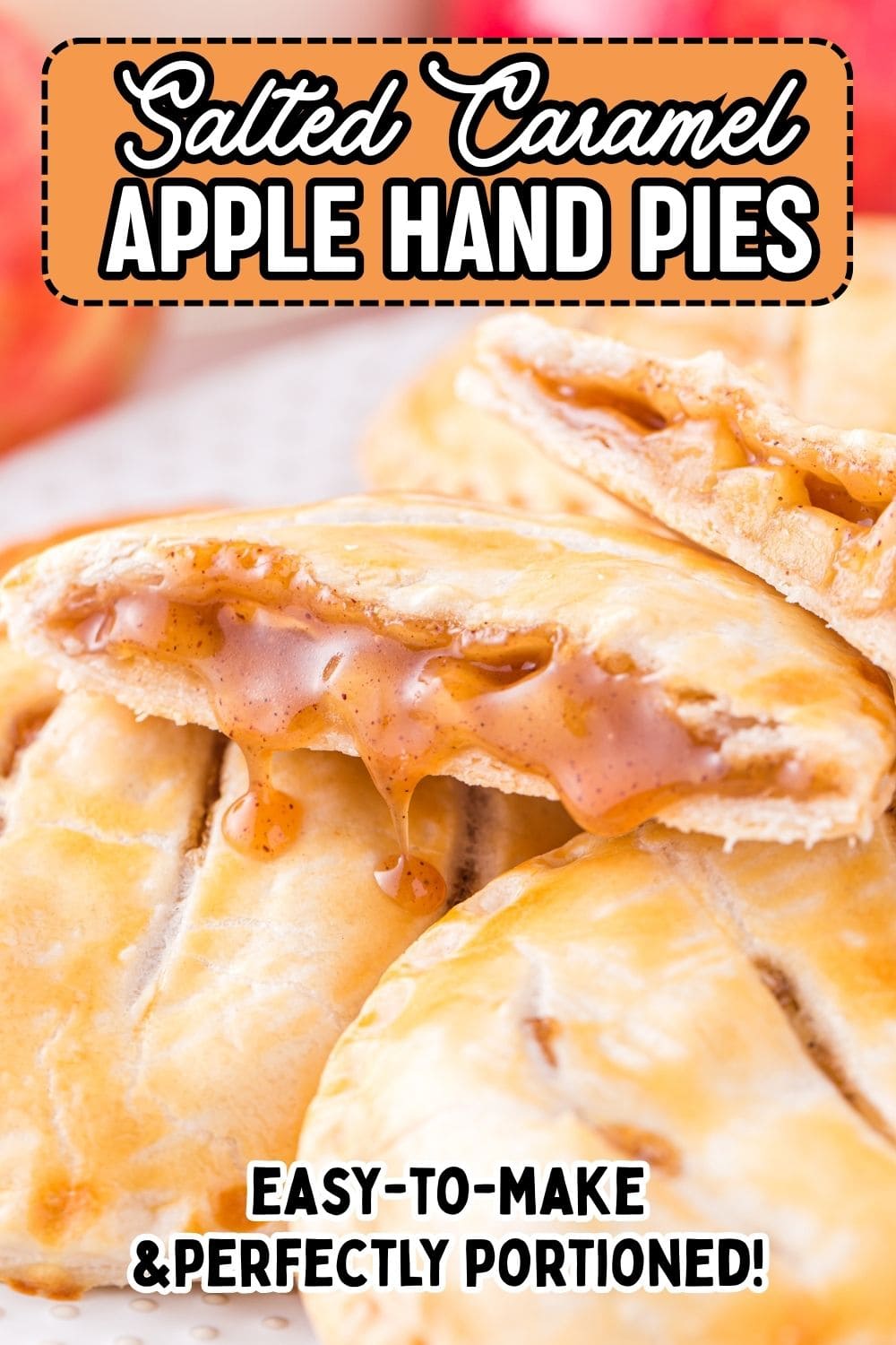 Sliced caramel Apple Hand Pies with gooey caramel apple filling coming out