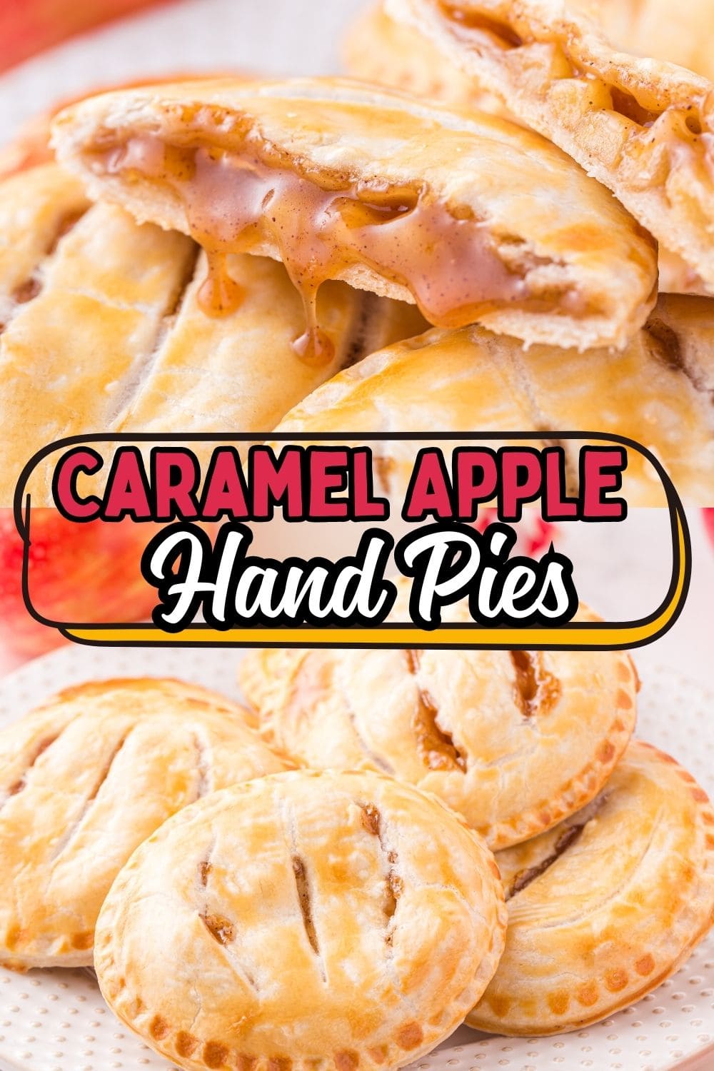 A pile of Caramel Apple Hand Pies served on a white plate