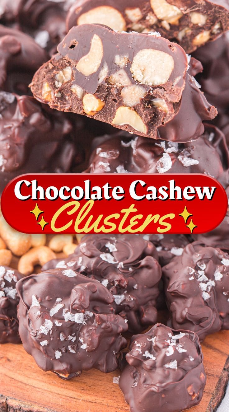 A bunch of Chocolate Cashew Clusters on a wooden board