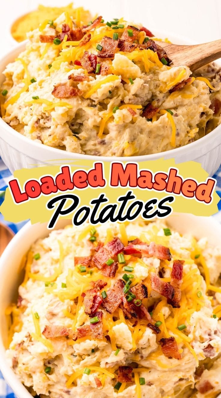 Creamy loaded mashed potatoes topped with bacon and cheddar cheese served in a bowl.