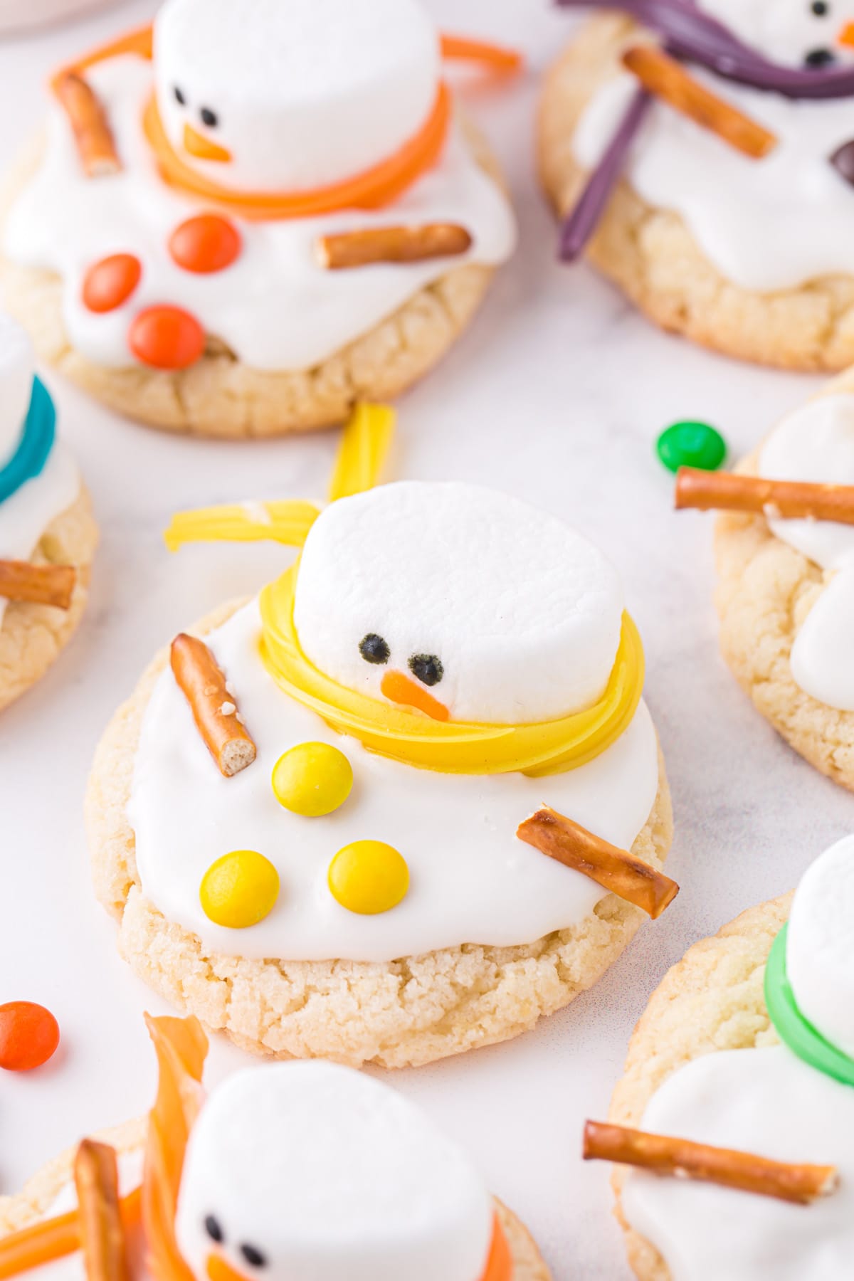 snowman cookies with yellow m&m's