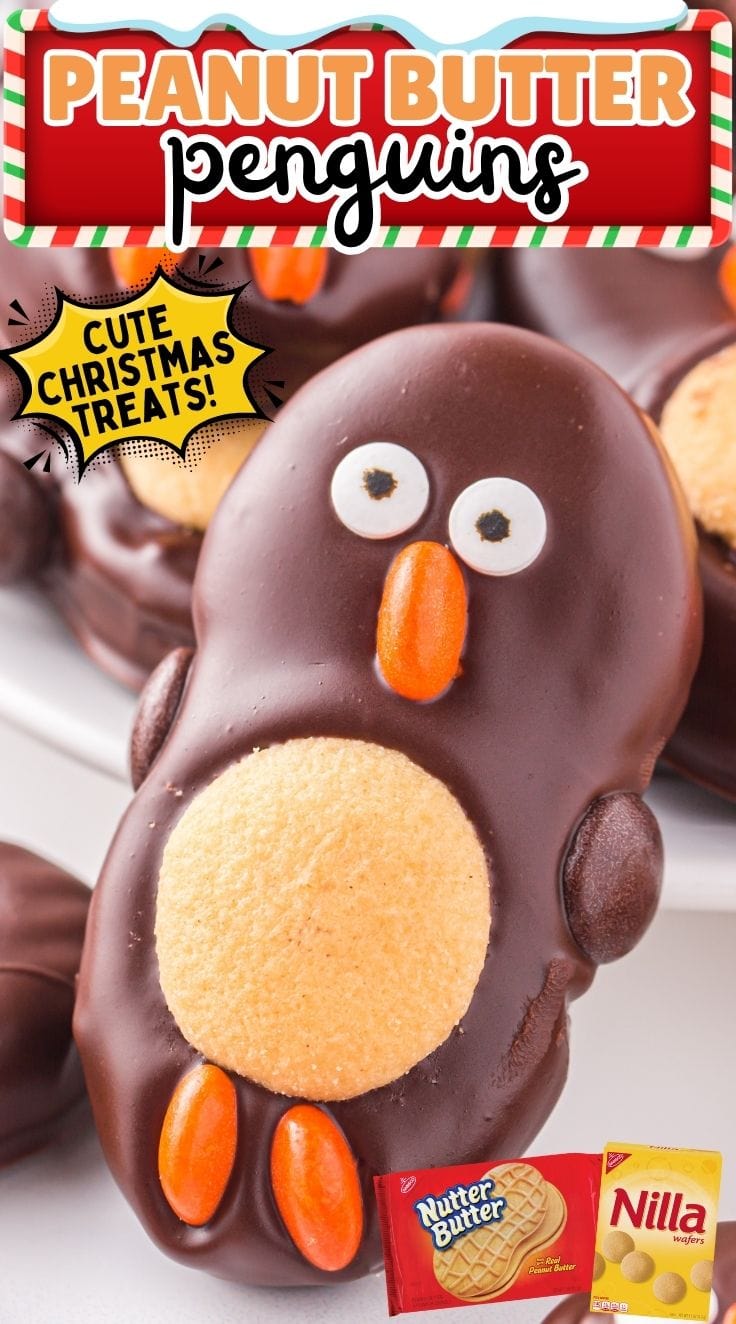 Cute Peanut Butter Penguins made from Nutter Butter cookies dipped in chocolate with candy decorations