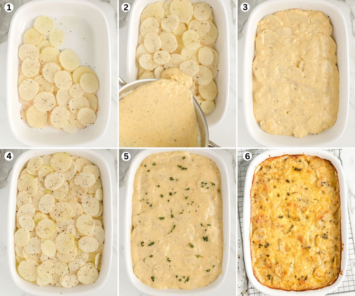 Place a layer of potatoes in the bottom of the prepared baking dish. Season with salt and pepper and then pour the cheese sauce over the top. Repeat with a second layer of potatoes, seasoning, and sauce. Sprinkle with fresh thyme. Bake. 