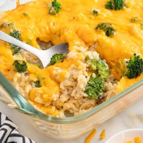 broccoli rice casserole with a spoon inside.