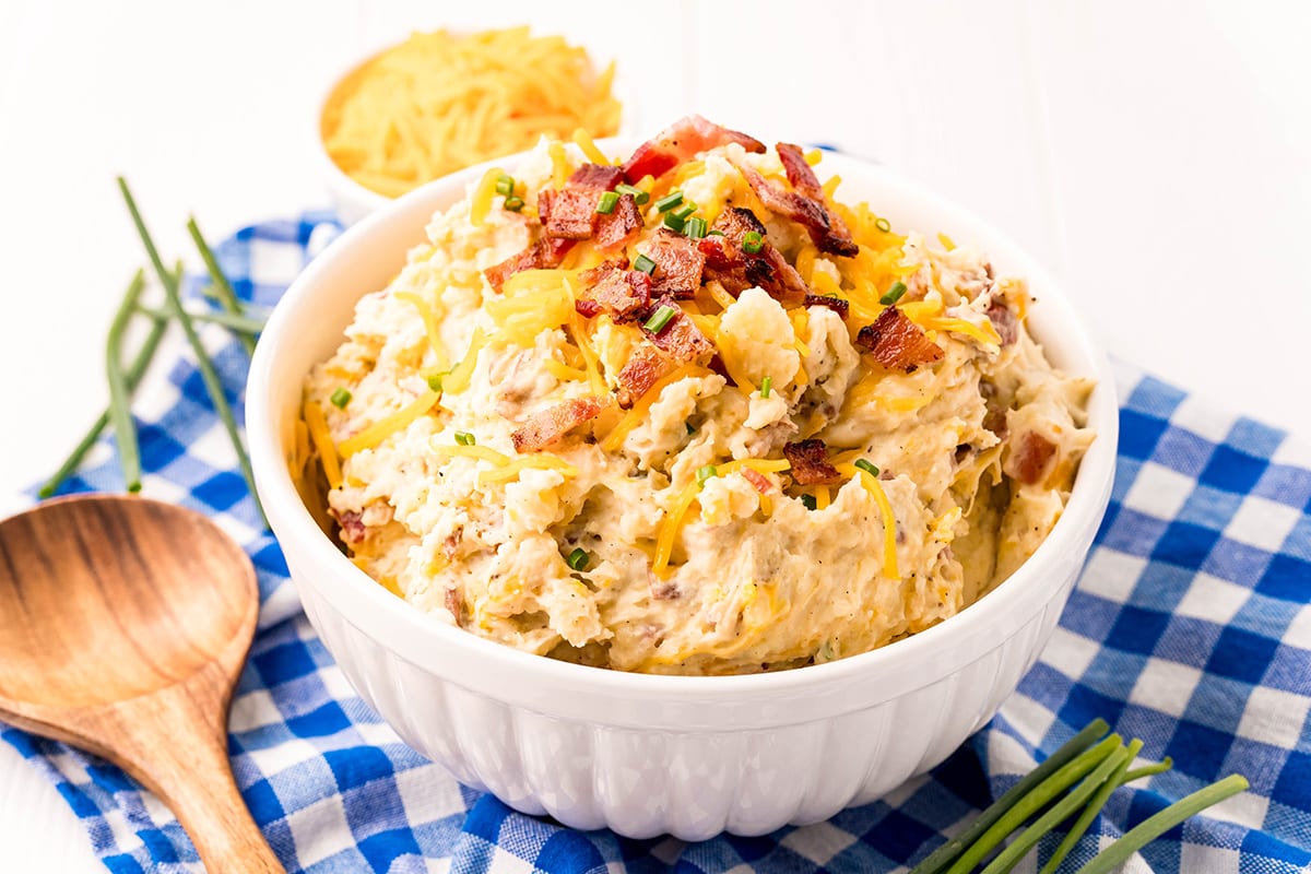 loaded mashed potatoes with cheese and bacon topping