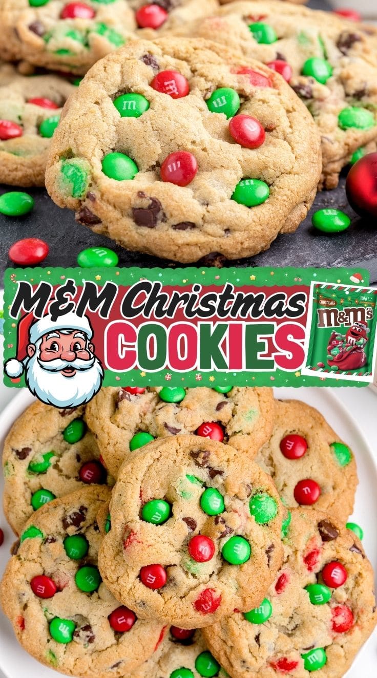 Stack of soft and chewy M&M Christmas cookies with red and green candies