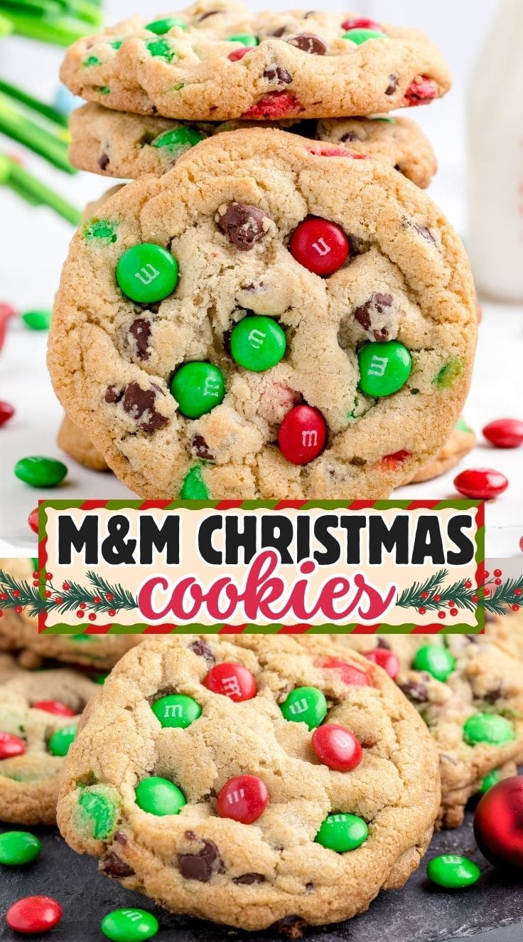 Soft and chewy M&M Christmas cookies with red and green candies stacked on top of each other