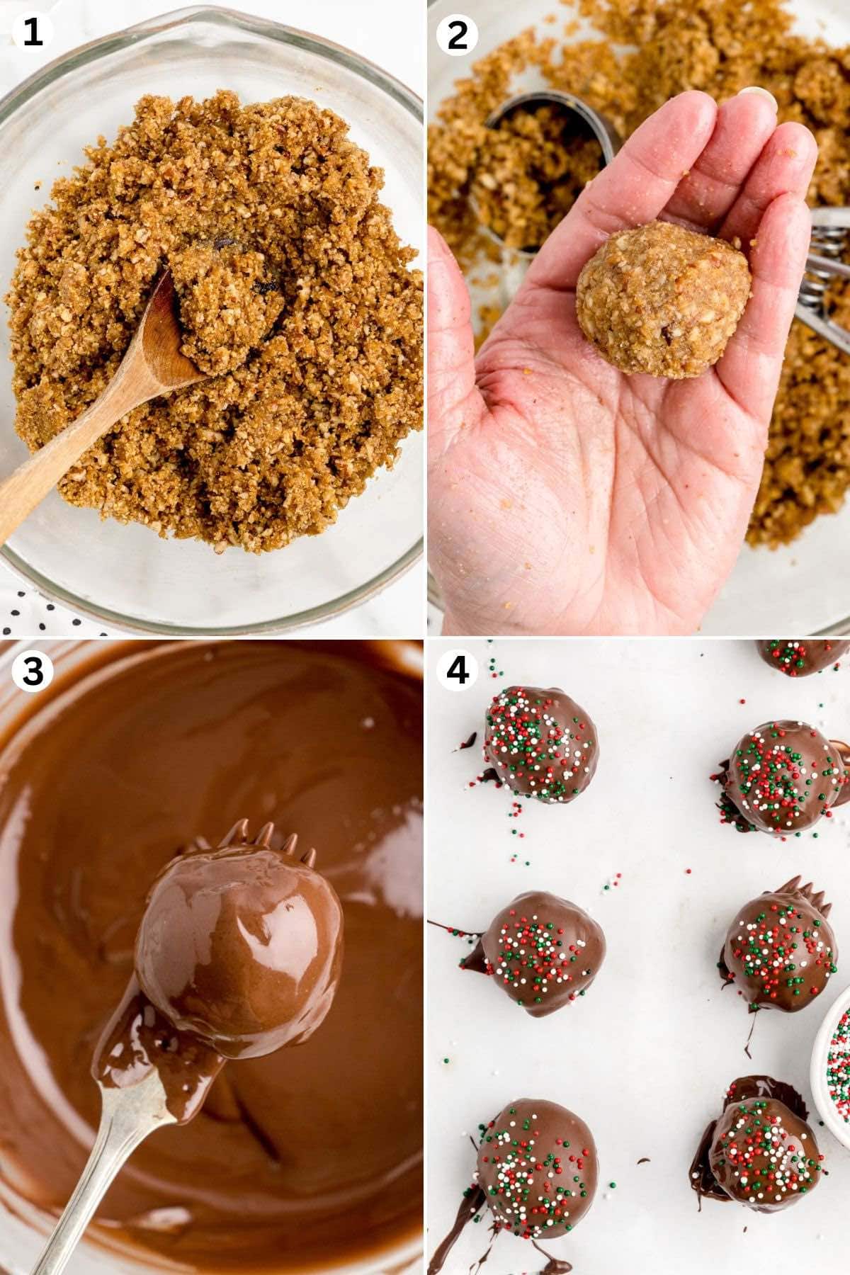 make the balls mixture inside a bowl. scoop and roll into a ball and dip in melted chocolate. decorate with sprinkles. 