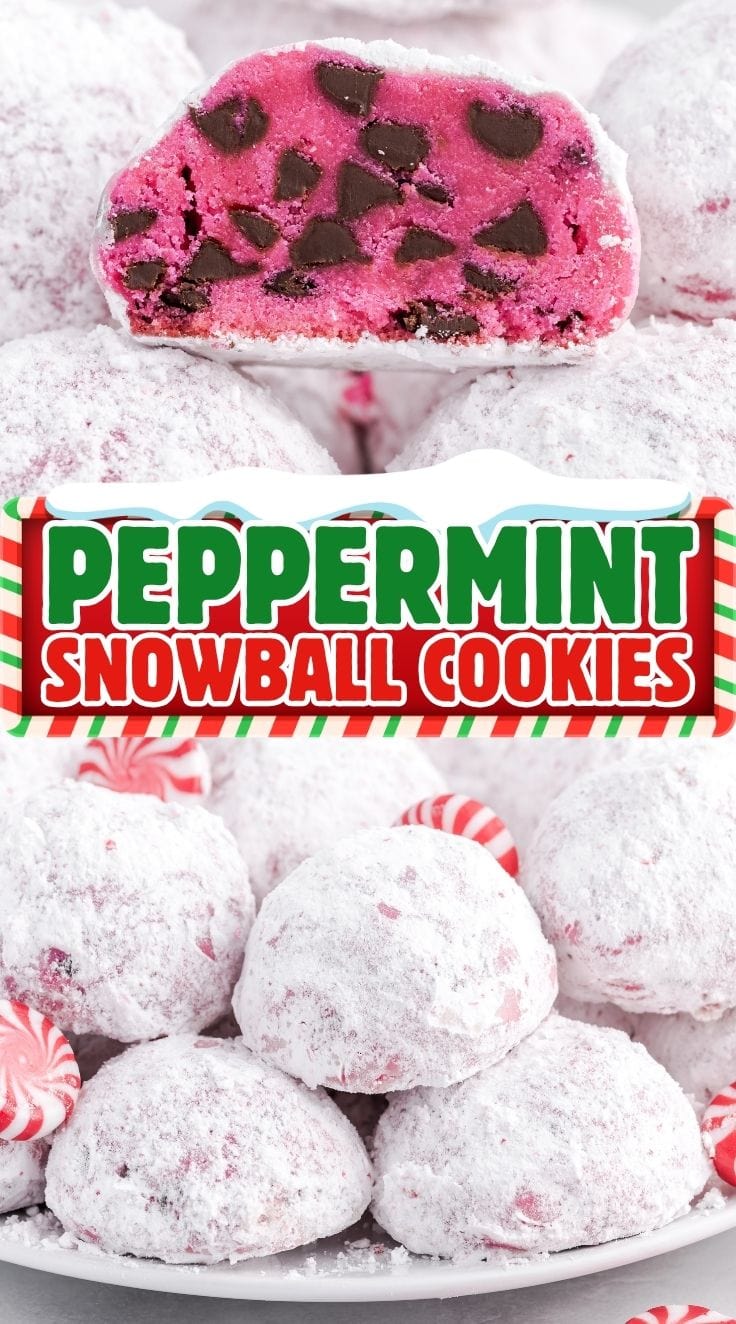 Powdered sugar–coated peppermint snowball cookies on a plate.