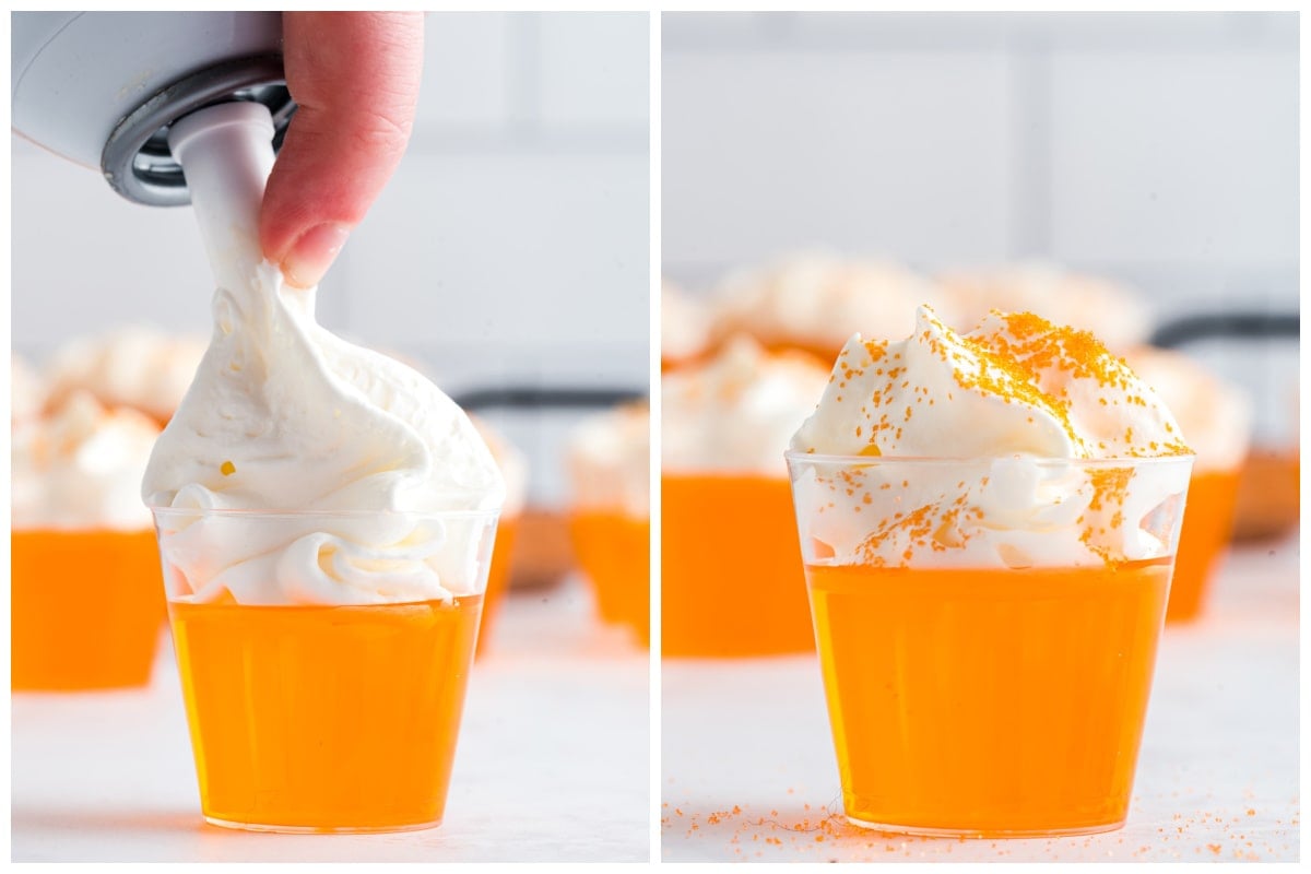 creamsicle jello shots garnished with whipped cream and sprinkles