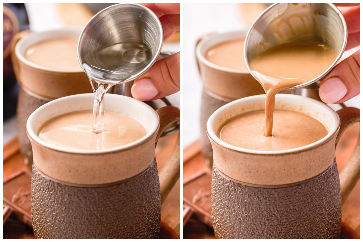 Add chocolate liquor and creme de cacao into the hot chocolate