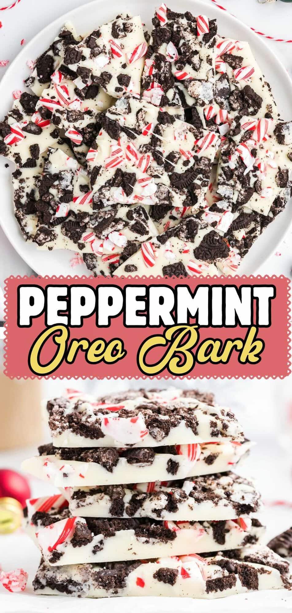 Pinterest pin for peppermint Oreo bark on a plate and stacked.