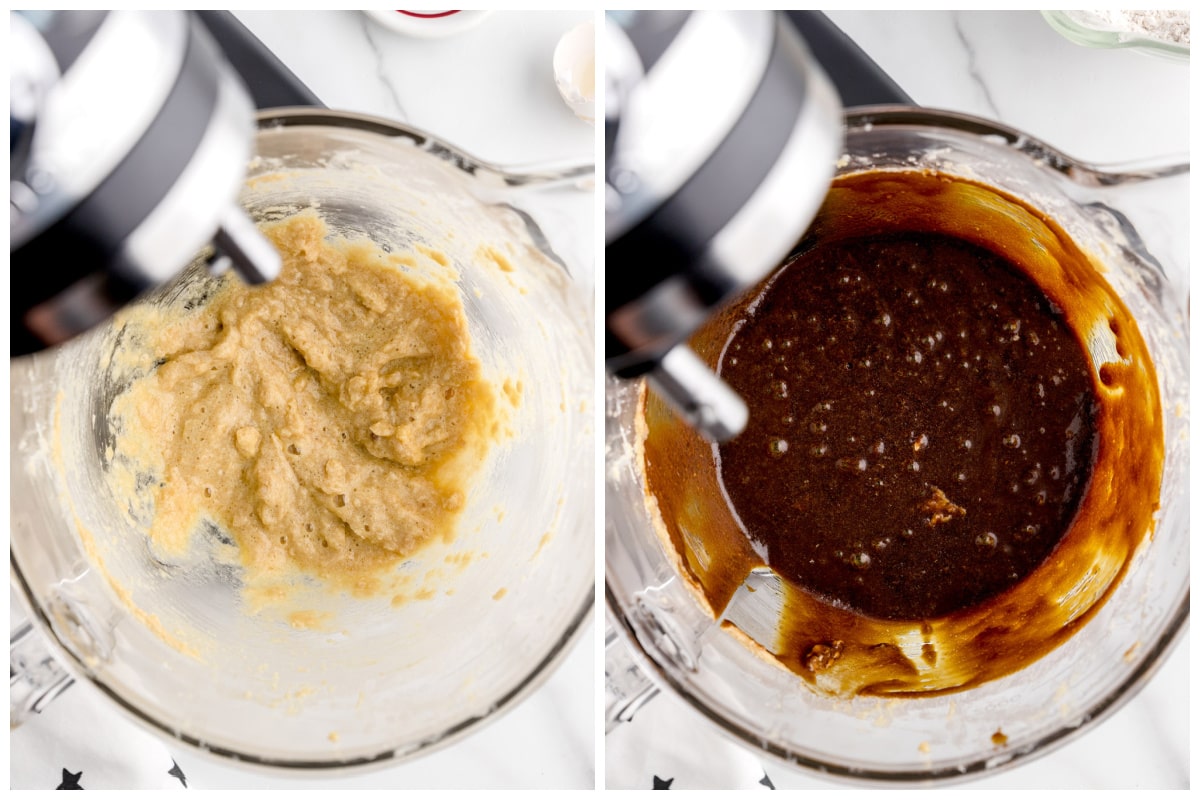mix together the butter, brown sugar and egg. Add the molasses and vanilla extract to the creamed butter mixture