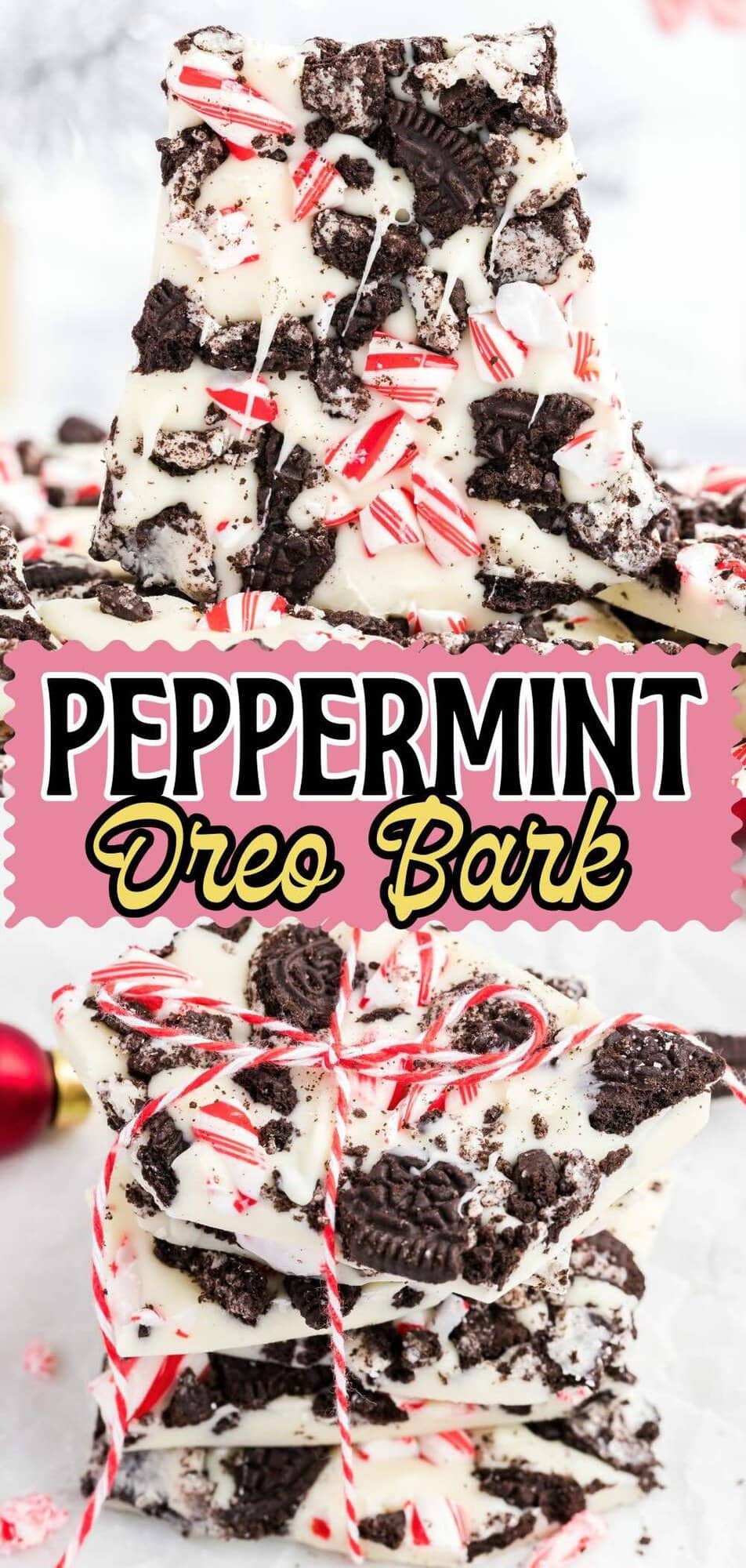Pinterest pin for peppermint Oreo bark tied with twine.