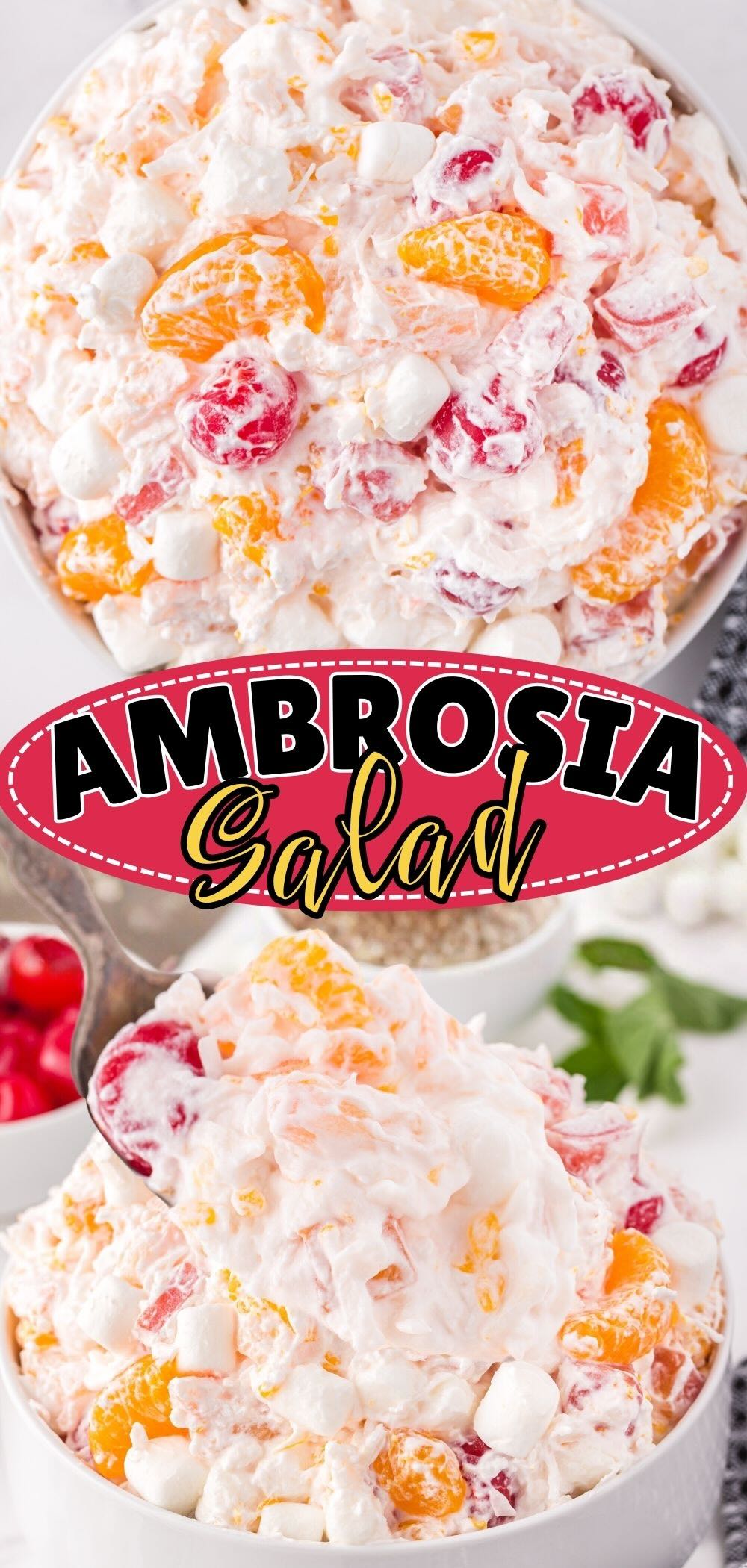 Creamy ambrosia salad served in a white bowl