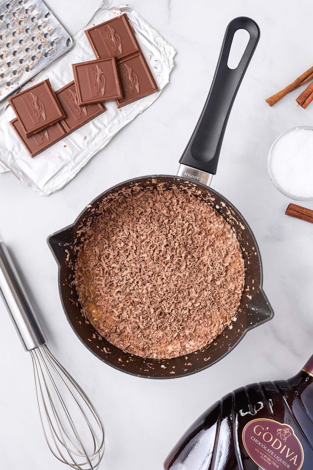 adding chocolate to the pan