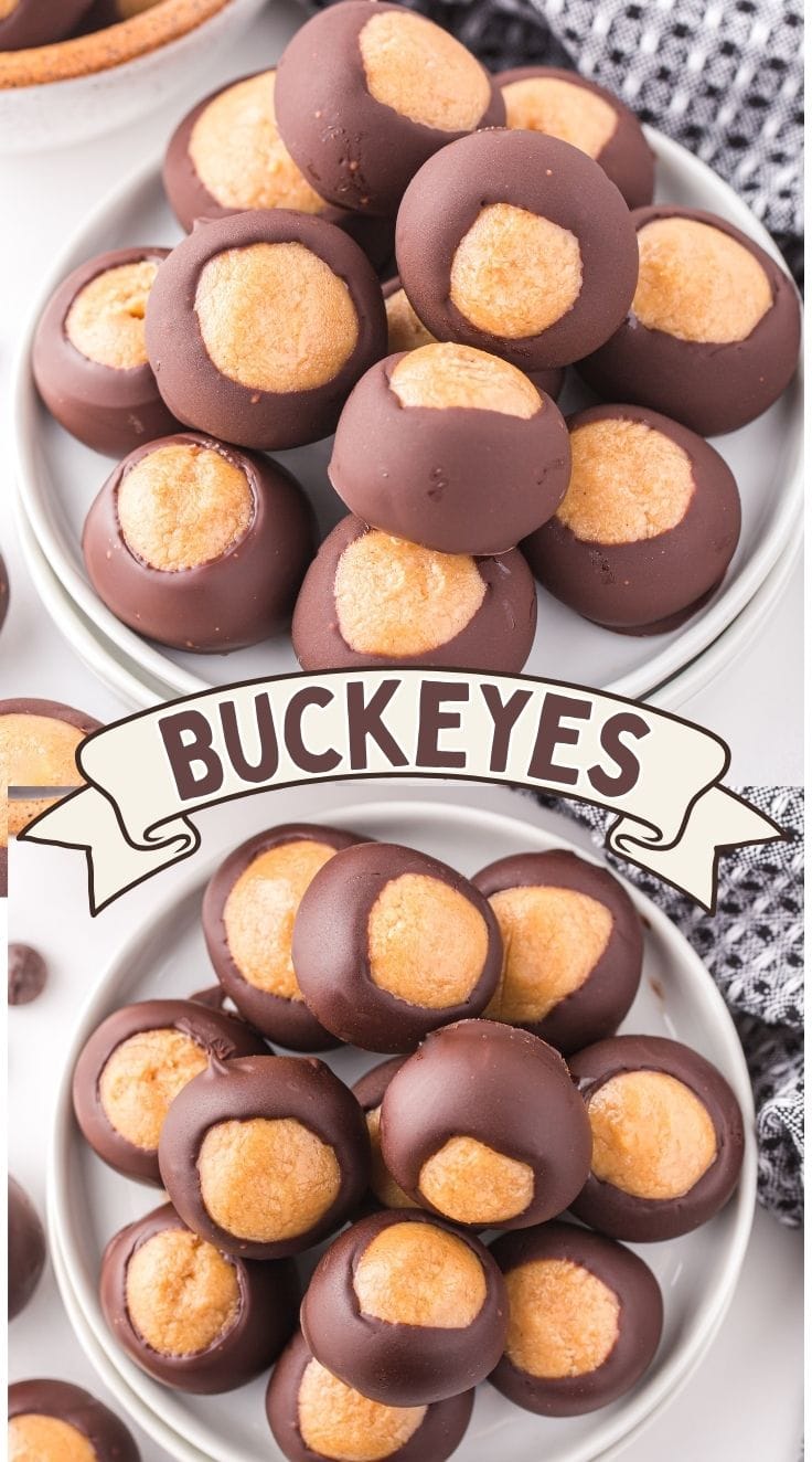 A stack of delicious buckeyes candy served on a white plate.