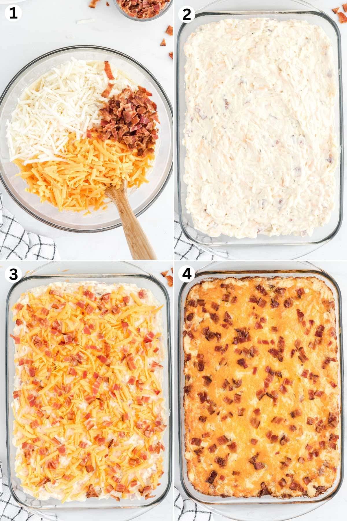 Bowl of hashbrowns, cheese, and bacon mixed with sauce, mixture spread in a baking dish, topped with shredded cheese and bacon, baked crack potatoes with golden topping.