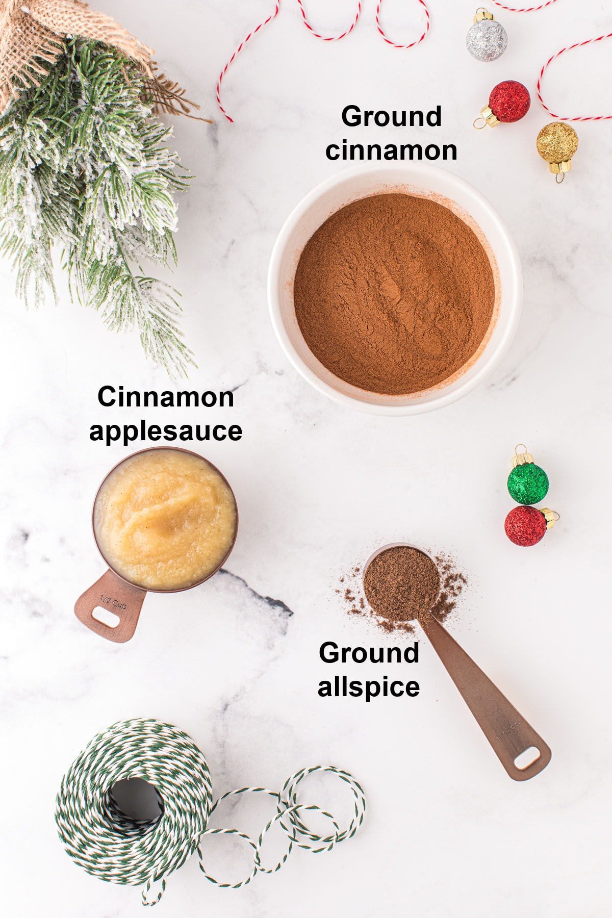 cinnamon ornaments ingredients including ground cinnamon, cinnamon applesauce and ground allspice.