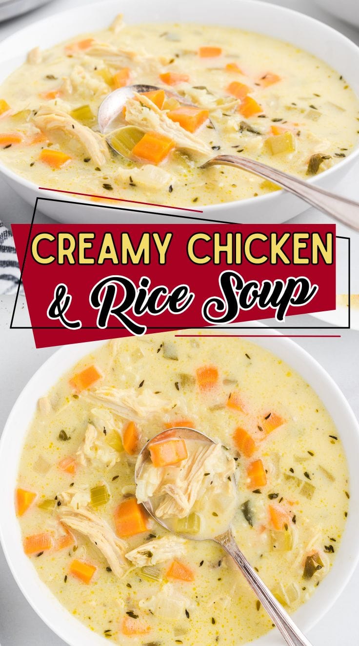 Bowl of creamy chicken and rice soup with a stainless steel spoon