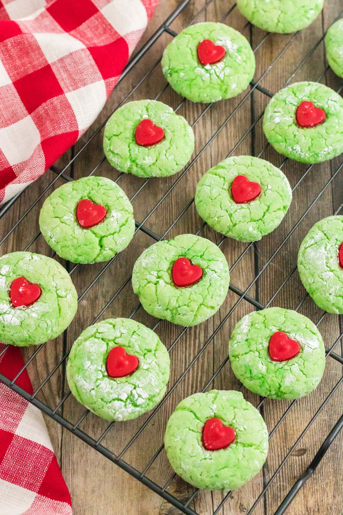grinch cake mix cookies on top of drying rack