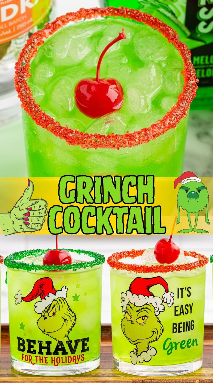 2 glasses of Grinch Cocktail on a wooden tray