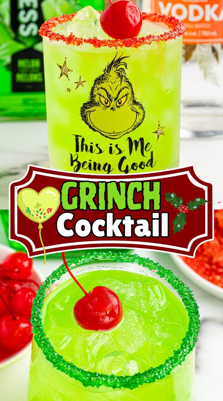 A glass of Grinch Cocktail with cherry on top