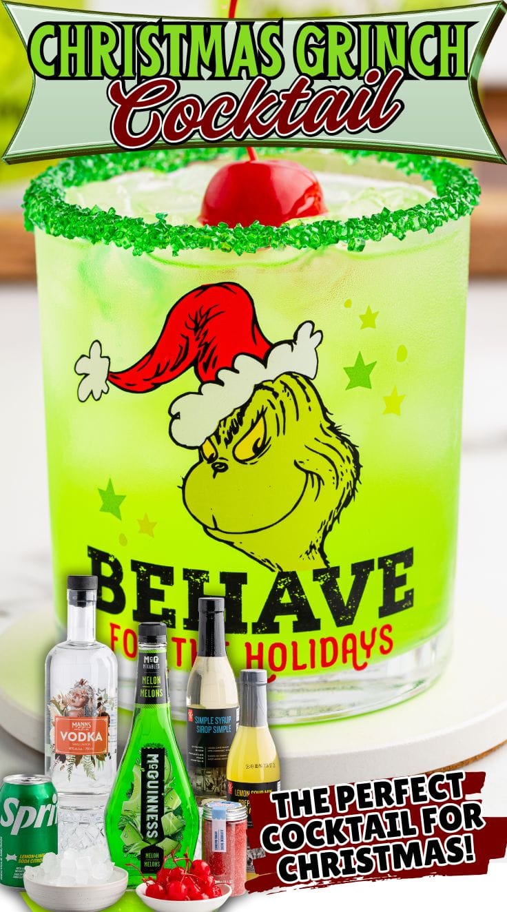 A glass of Grinch Cocktail with ingredients needed to make one