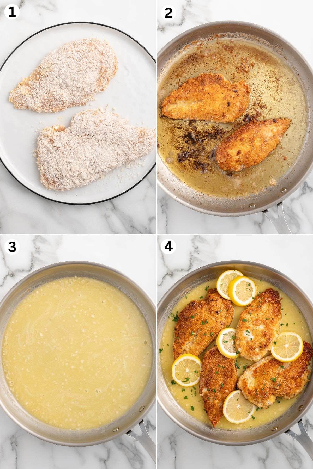 Breaded chicken cutlets pan-fried until golden, simmered in a lemon butter sauce, and garnished with lemon slices.