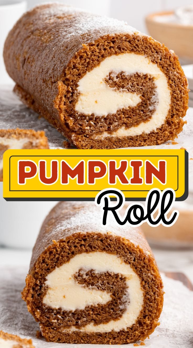 Whole roll cake dusted with powdered sugar on a wooden board