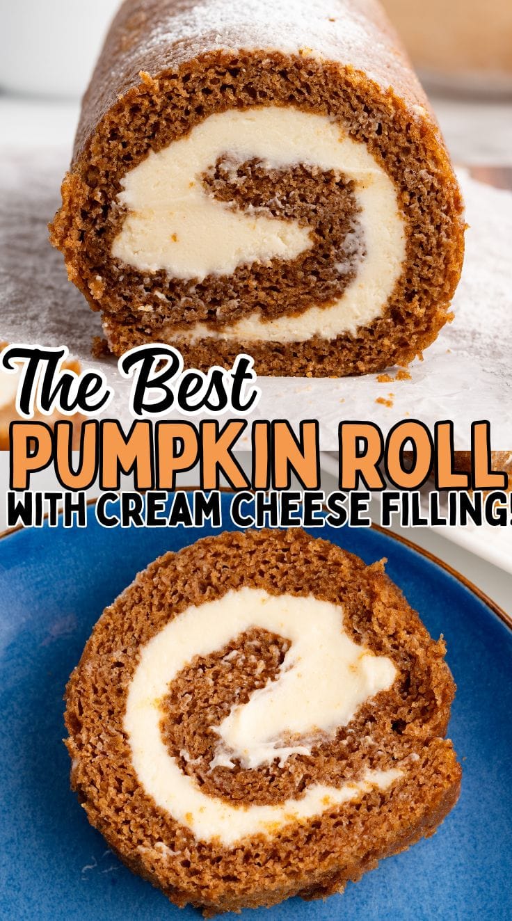 A slice of pumpkin roll served on a blue plate.